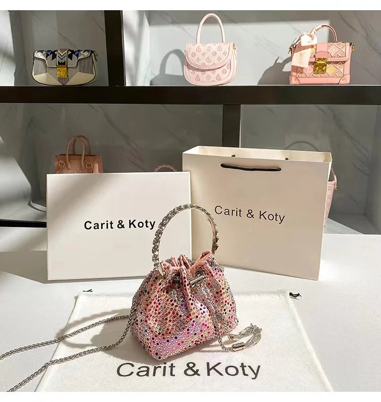 Glitter Shiny Diamonds Evening Bag Metal Ring Handle Bucket Bag Women Handbag Wedding Party Clutch Purse Shoulder Crossbody Bag - Youks store