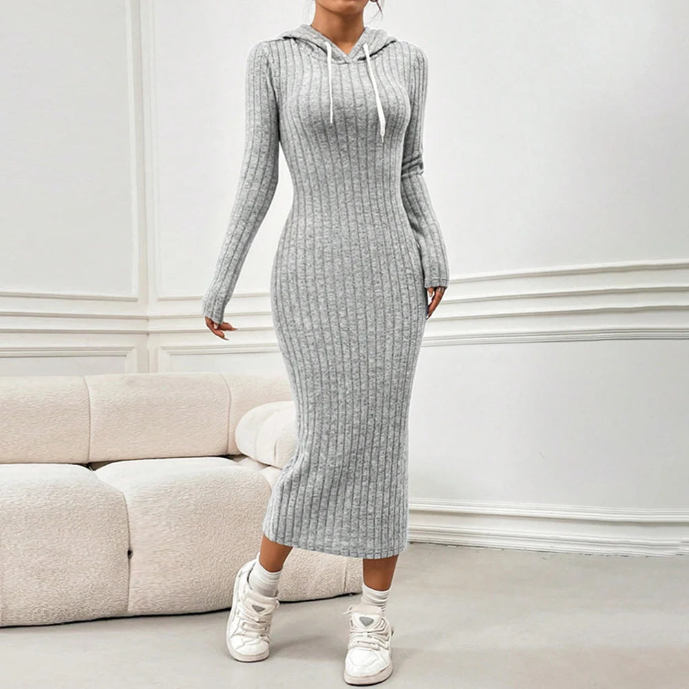 Women Elegant Bodycon Knit Dress Autumn Winter Hooded Turtleneck Temperament Slim Long Sleeve Solid Ribbed Long Dress Streetwear - Youks store