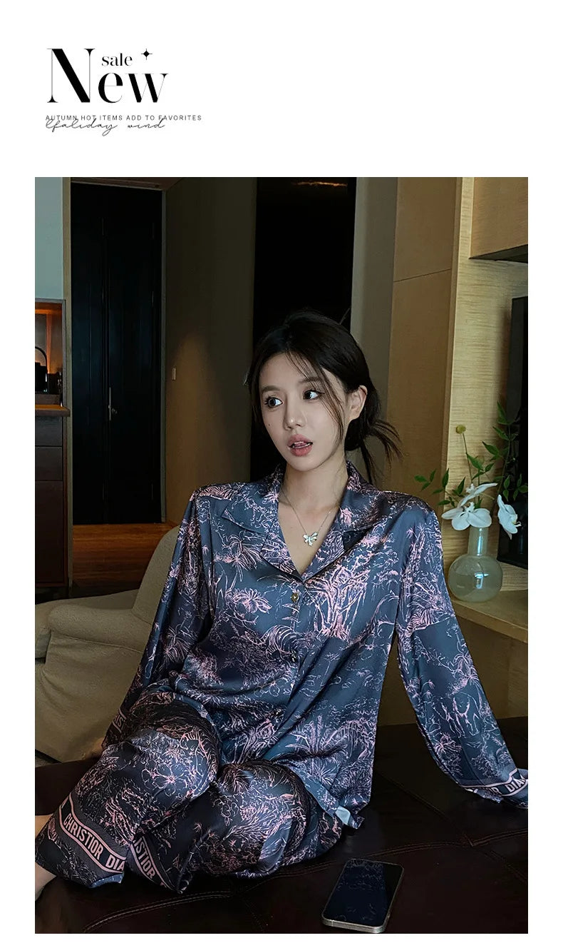 Fashion Print Flower Pajamas Set Sprig Autumn Women Sleepwear Lounge Wear Long Sleeve Trouser Pijamas Suit Loose Satin Homewear - Youks store