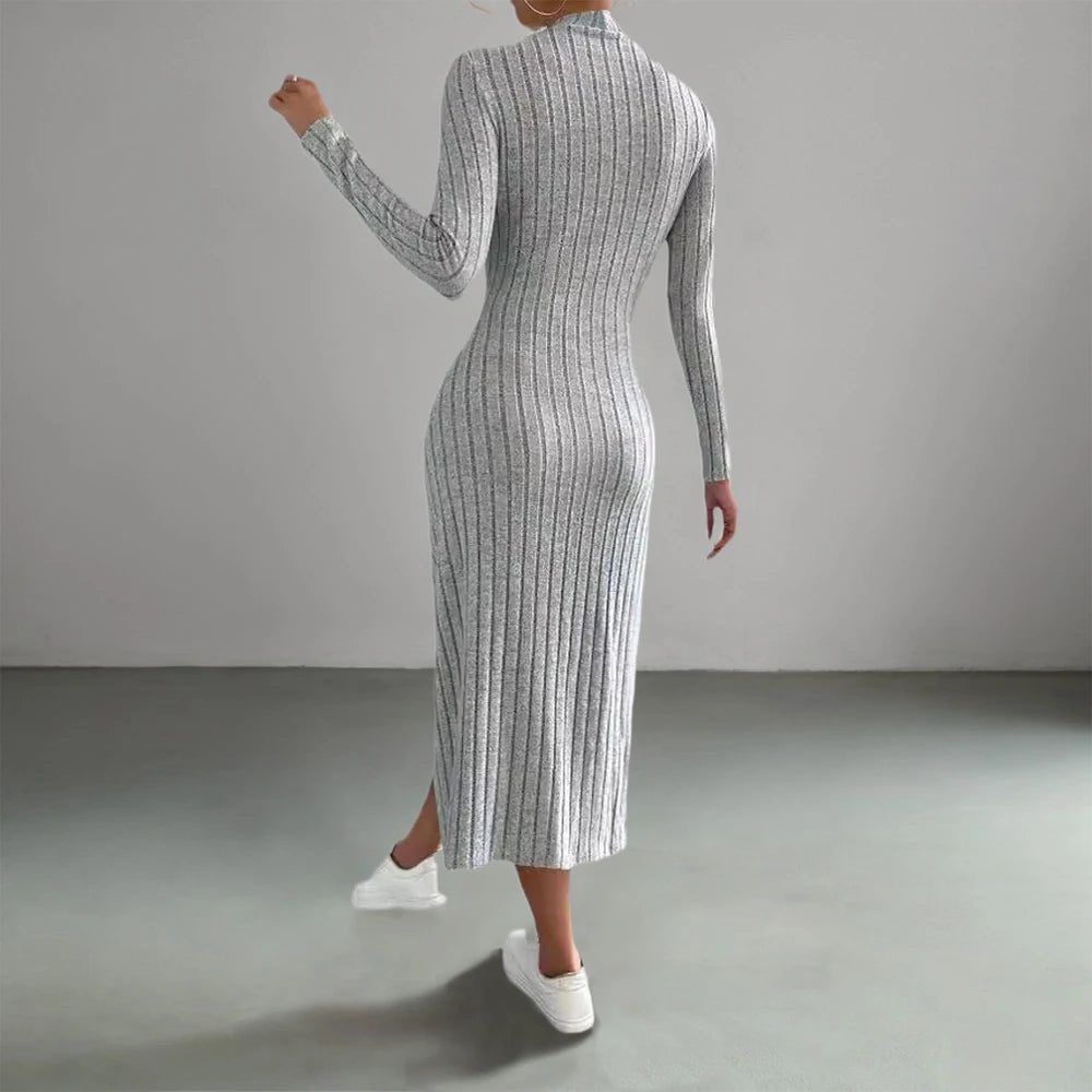 Women Elegant Bodycon Knit Dress Autumn Winter Hooded Turtleneck Temperament Slim Long Sleeve Solid Ribbed Long Dress Streetwear - Youks store