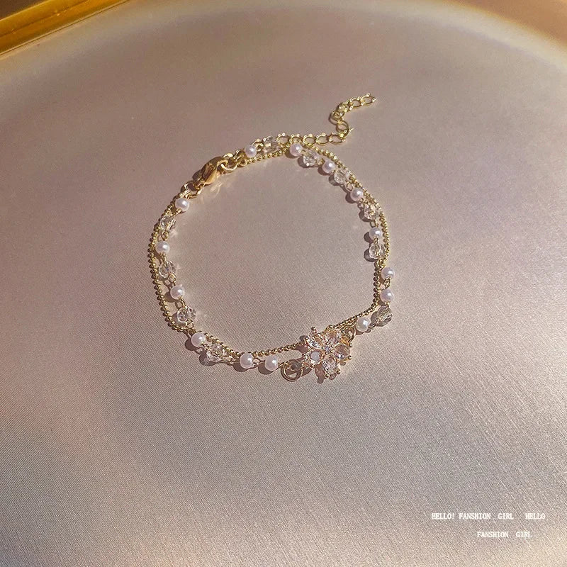 Geometric Smooth Rhinestone Chain Five Leaf Grass Flower Adjustable Bracelets for Women Fashion Jewelry Minimalist Accessories