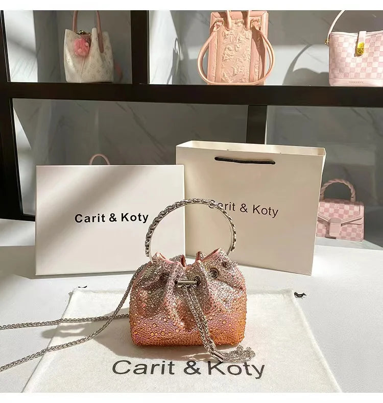 Glitter Shiny Diamonds Evening Bag Metal Ring Handle Bucket Bag Women Handbag Wedding Party Clutch Purse Shoulder Crossbody Bag - Youks store