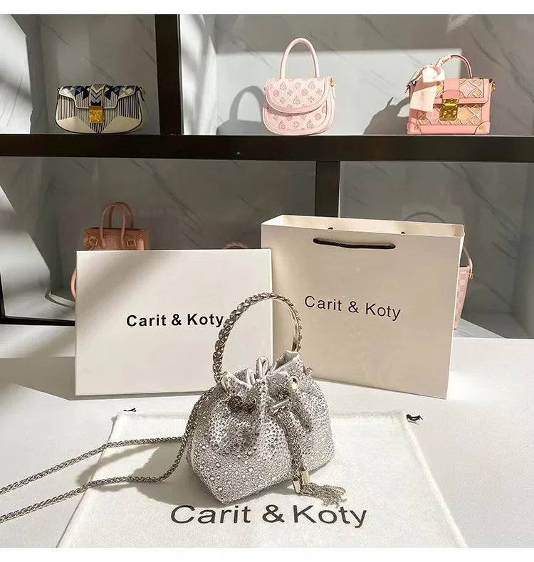 Glitter Shiny Diamonds Evening Bag Metal Ring Handle Bucket Bag Women Handbag Wedding Party Clutch Purse Shoulder Crossbody Bag - Youks store