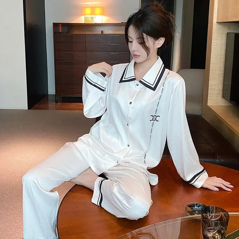 Fashion Print Flower Pajamas Set Sprig Autumn Women Sleepwear Lounge Wear Long Sleeve Trouser Pijamas Suit Loose Satin Homewear - Youks store