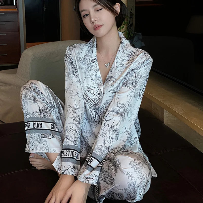 Fashion Print Flower Pajamas Set Sprig Autumn Women Sleepwear Lounge Wear Long Sleeve Trouser Pijamas Suit Loose Satin Homewear - Youks store