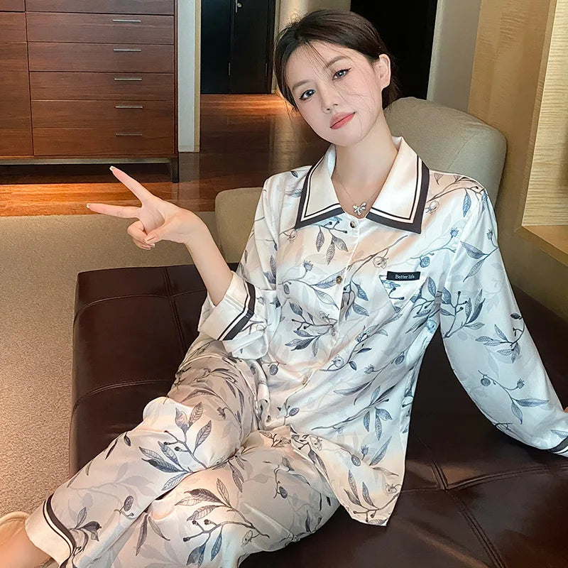 Fashion Print Flower Pajamas Set Sprig Autumn Women Sleepwear Lounge Wear Long Sleeve Trouser Pijamas Suit Loose Satin Homewear - Youks store