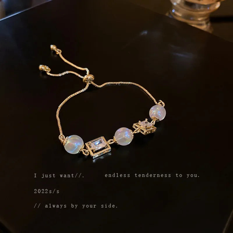 Geometric Smooth Rhinestone Chain Five Leaf Grass Flower Adjustable Bracelets for Women Fashion Jewelry Minimalist Accessories