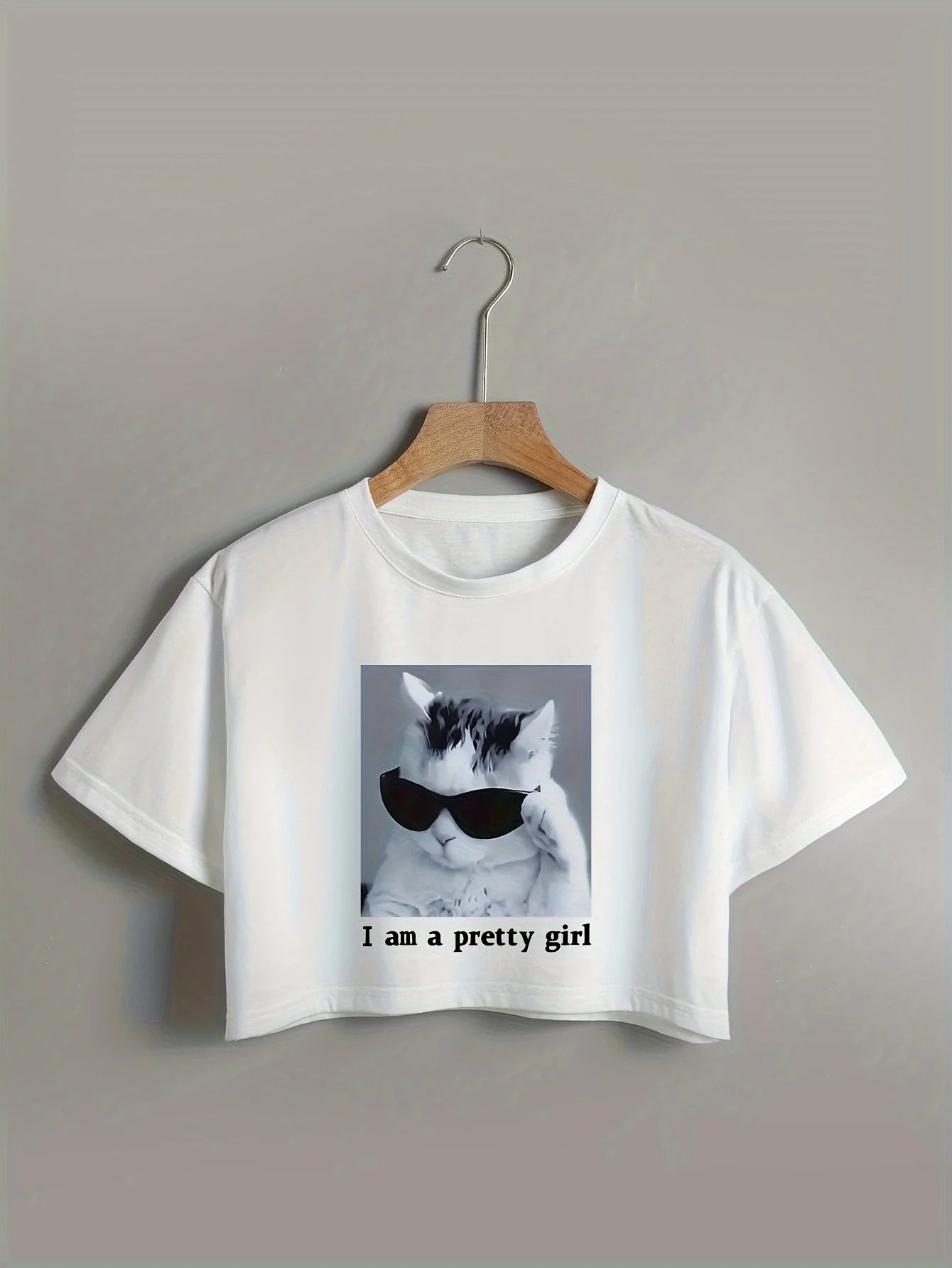 Cool Cat & Letter Print Crop T-Shirt Casual Crew Neck Short Sleeve T-Shirt for Spring & Summer Women's Clothing - Youks store