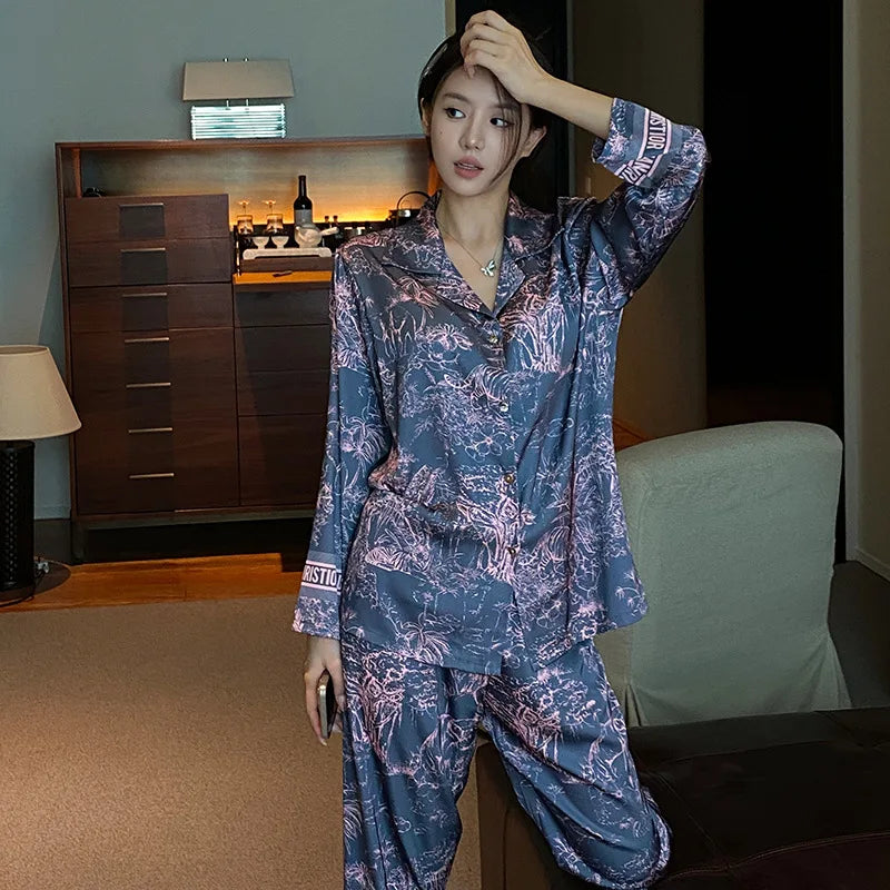 Fashion Print Flower Pajamas Set Sprig Autumn Women Sleepwear Lounge Wear Long Sleeve Trouser Pijamas Suit Loose Satin Homewear - Youks store