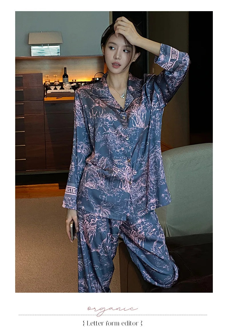 Fashion Print Flower Pajamas Set Sprig Autumn Women Sleepwear Lounge Wear Long Sleeve Trouser Pijamas Suit Loose Satin Homewear - Youks store