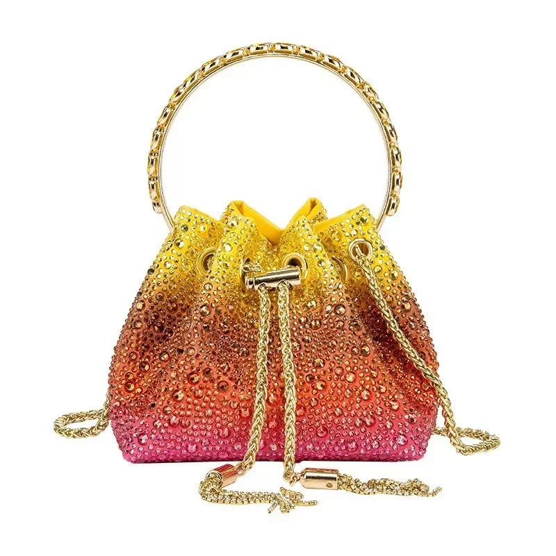 Glitter Shiny Diamonds Evening Bag Metal Ring Handle Bucket Bag Women Handbag Wedding Party Clutch Purse Shoulder Crossbody Bag - Youks store