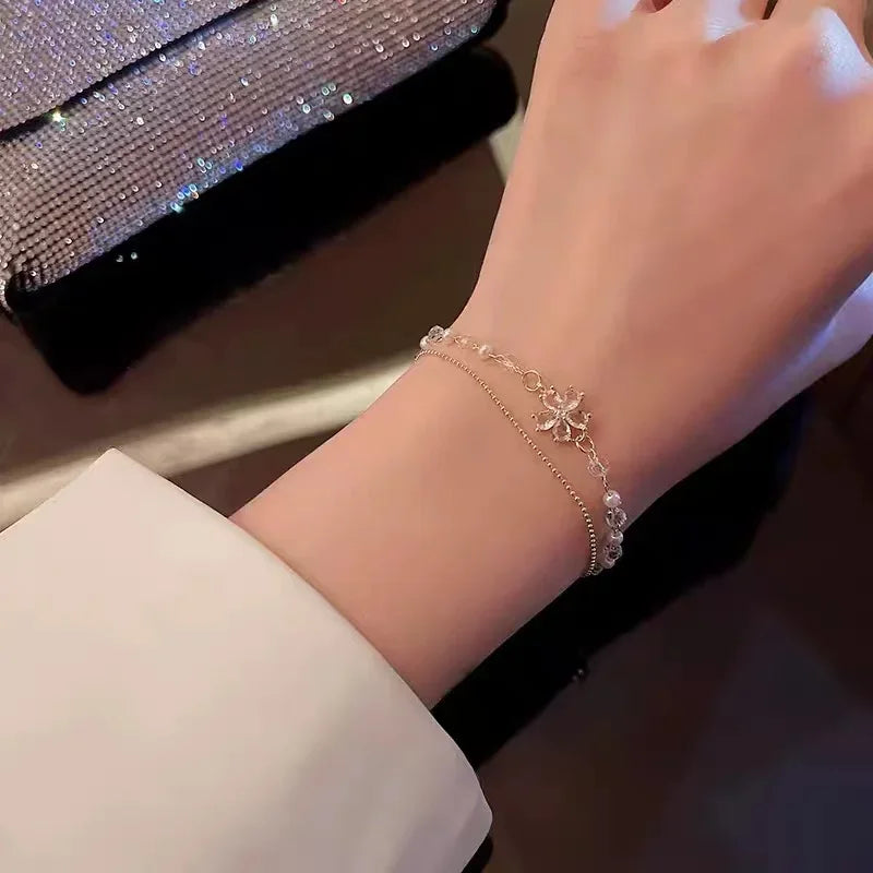 Geometric Smooth Rhinestone Chain Five Leaf Grass Flower Adjustable Bracelets for Women Fashion Jewelry Minimalist Accessories