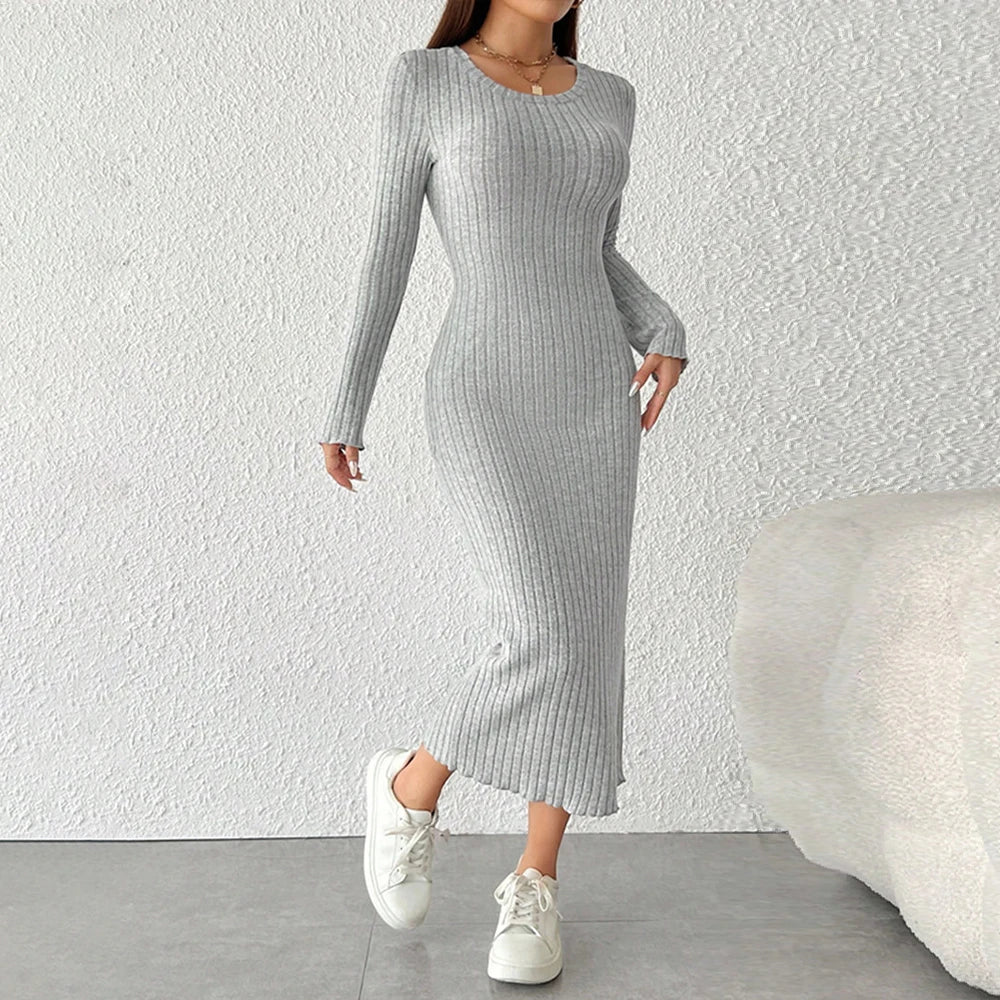 Women Elegant Bodycon Knit Dress Autumn Winter Hooded Turtleneck Temperament Slim Long Sleeve Solid Ribbed Long Dress Streetwear - Youks store