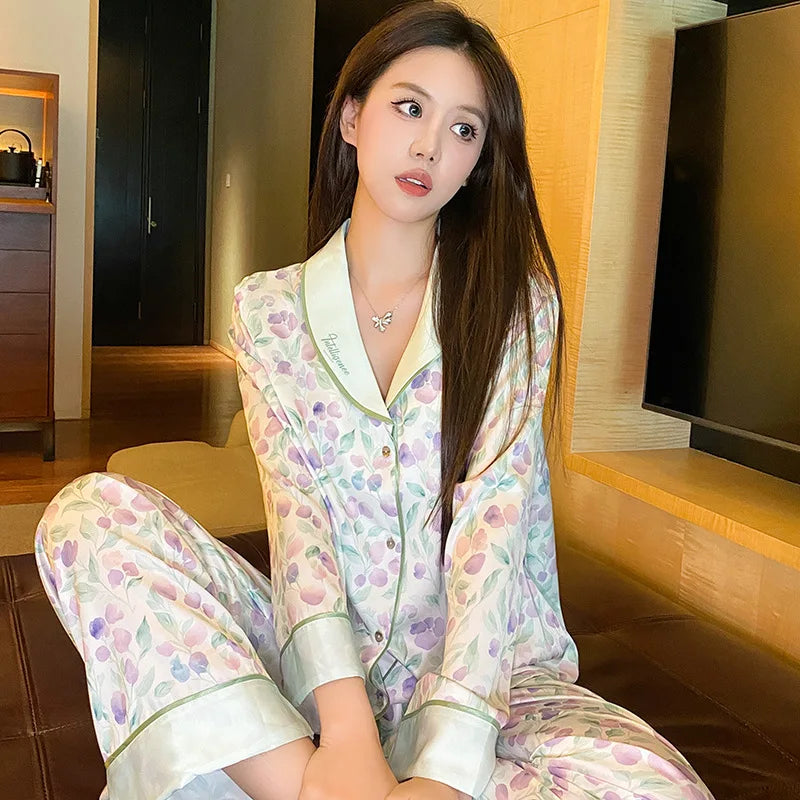 Fashion Print Flower Pajamas Set Sprig Autumn Women Sleepwear Lounge Wear Long Sleeve Trouser Pijamas Suit Loose Satin Homewear - Youks store