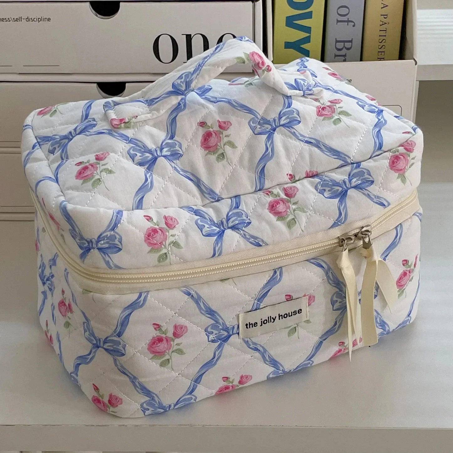 Cute Bow Flower Quilting Cotton Makeup Bag Women Zipper Cosmetic Organizer Female Cloth Handbag Portable Toiletry Case for Girls - Youks store
