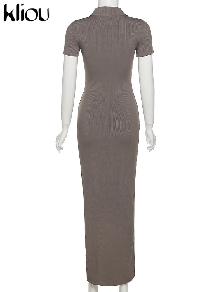 Kliou Elegant Office Lady Maxi Dress Women Solid Fashion Turn-down Collar Short Sleeve Button Side Slit Body-Shaping Street Robe - Youks store
