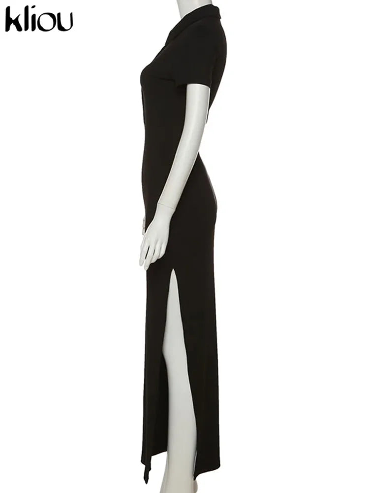 Kliou Elegant Office Lady Maxi Dress Women Solid Fashion Turn-down Collar Short Sleeve Button Side Slit Body-Shaping Street Robe - Youks store