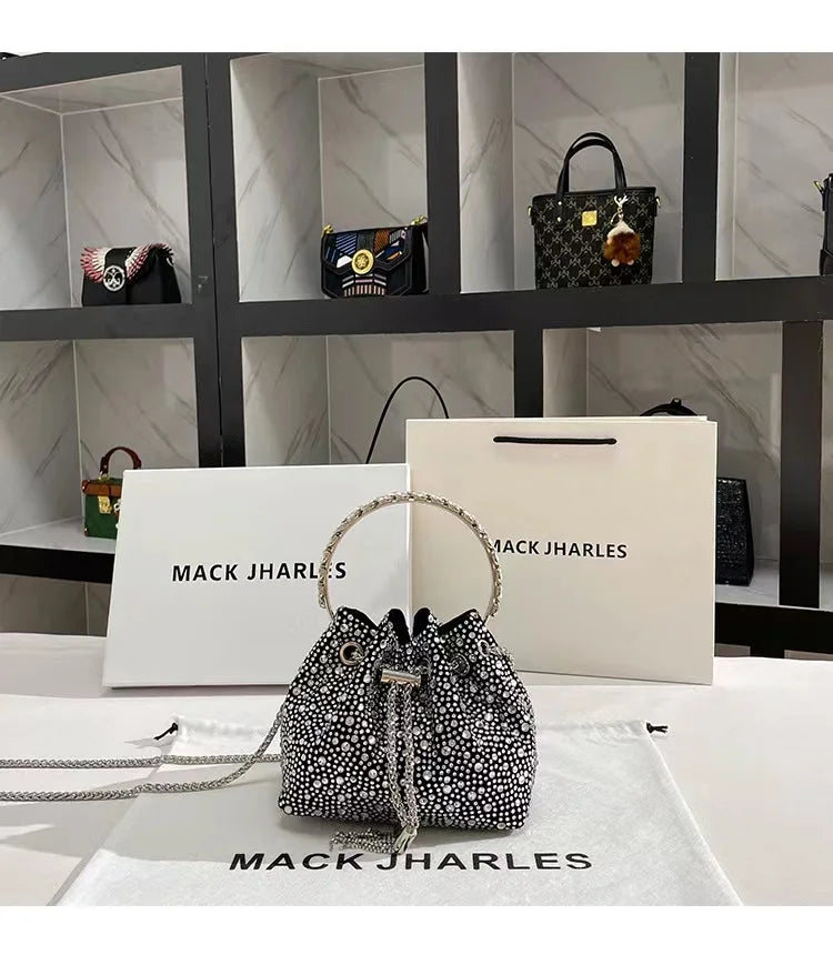 Glitter Shiny Diamonds Evening Bag Metal Ring Handle Bucket Bag Women Handbag Wedding Party Clutch Purse Shoulder Crossbody Bag - Youks store