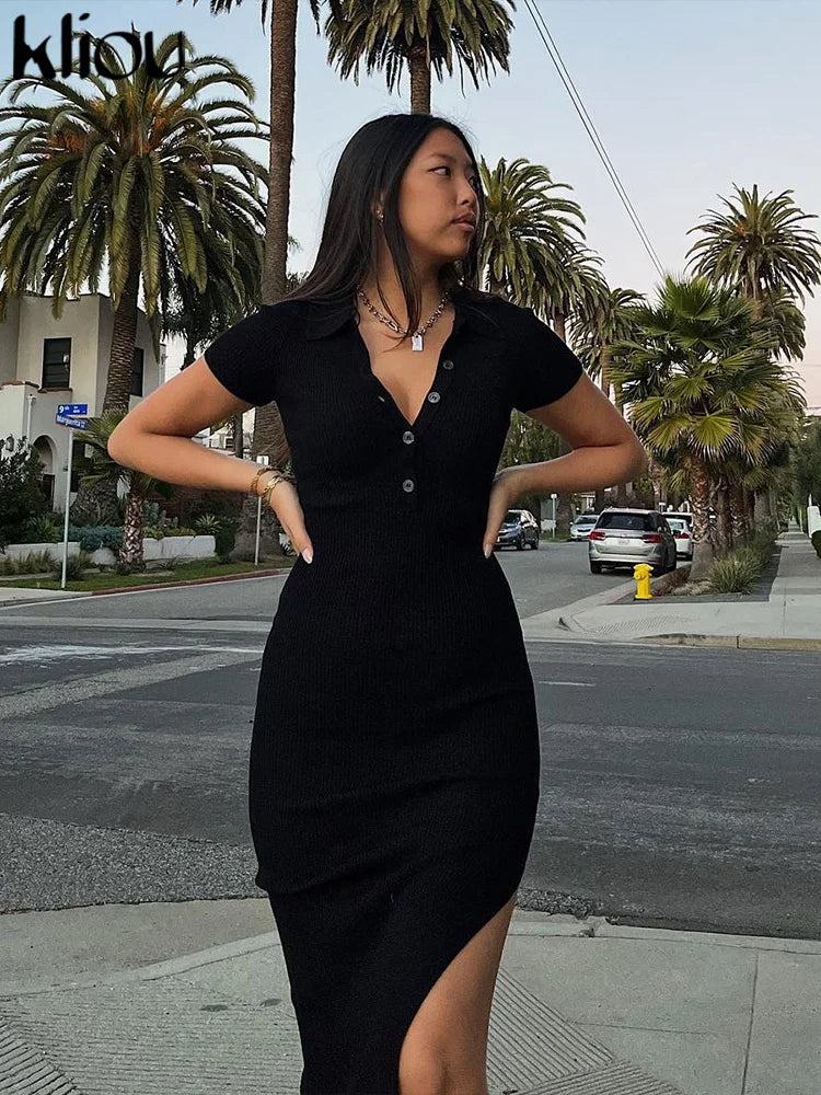 Kliou Elegant Office Lady Maxi Dress Women Solid Fashion Turn-down Collar Short Sleeve Button Side Slit Body-Shaping Street Robe - Youks store