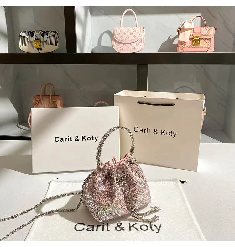 Glitter Shiny Diamonds Evening Bag Metal Ring Handle Bucket Bag Women Handbag Wedding Party Clutch Purse Shoulder Crossbody Bag - Youks store