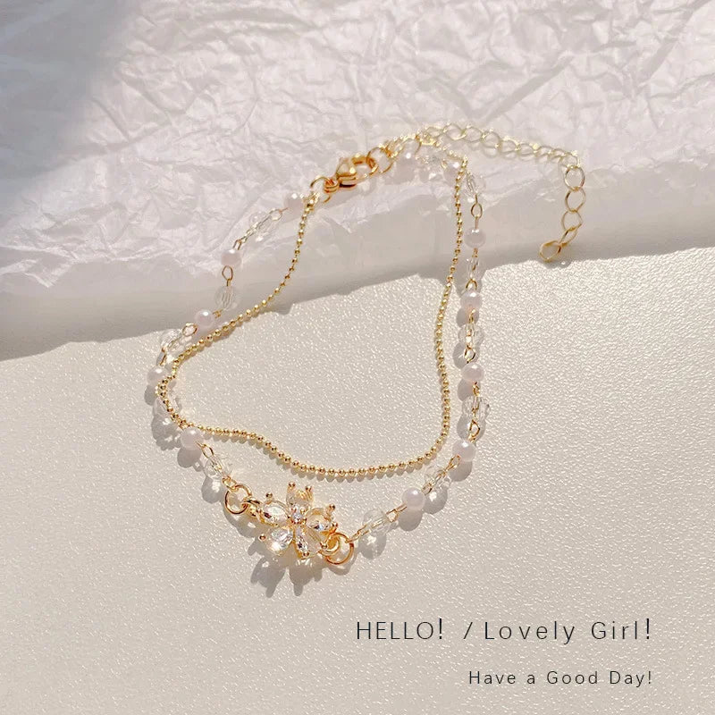 Geometric Smooth Rhinestone Chain Five Leaf Grass Flower Adjustable Bracelets for Women Fashion Jewelry Minimalist Accessories