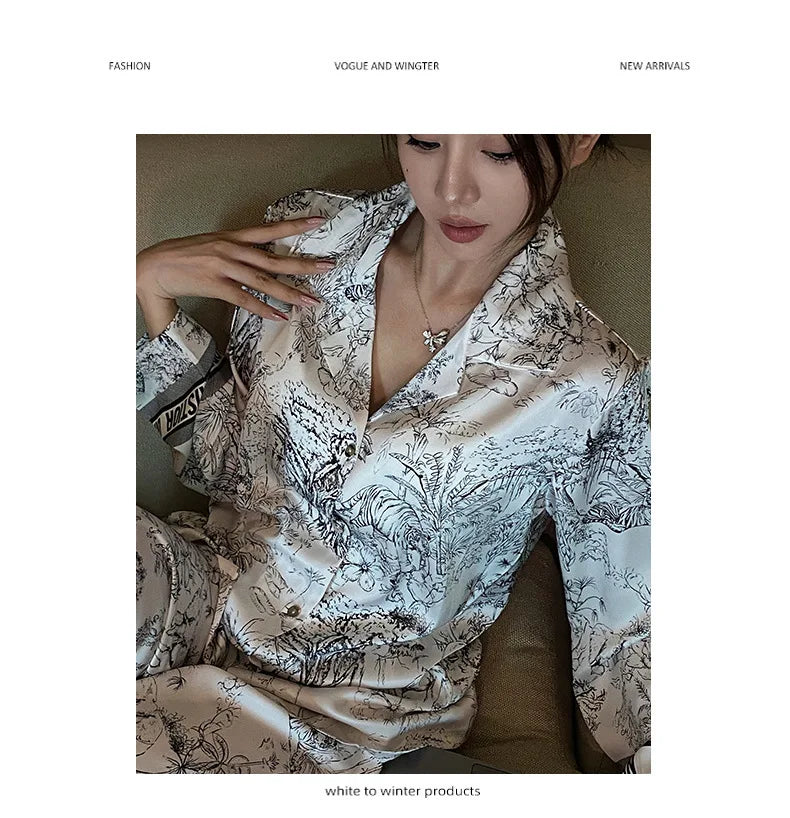 Fashion Print Flower Pajamas Set Sprig Autumn Women Sleepwear Lounge Wear Long Sleeve Trouser Pijamas Suit Loose Satin Homewear - Youks store