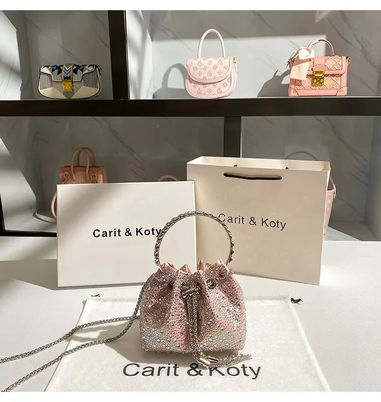Glitter Shiny Diamonds Evening Bag Metal Ring Handle Bucket Bag Women Handbag Wedding Party Clutch Purse Shoulder Crossbody Bag - Youks store