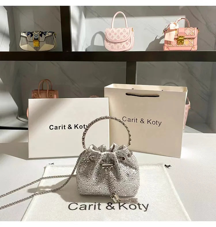 Glitter Shiny Diamonds Evening Bag Metal Ring Handle Bucket Bag Women Handbag Wedding Party Clutch Purse Shoulder Crossbody Bag - Youks store