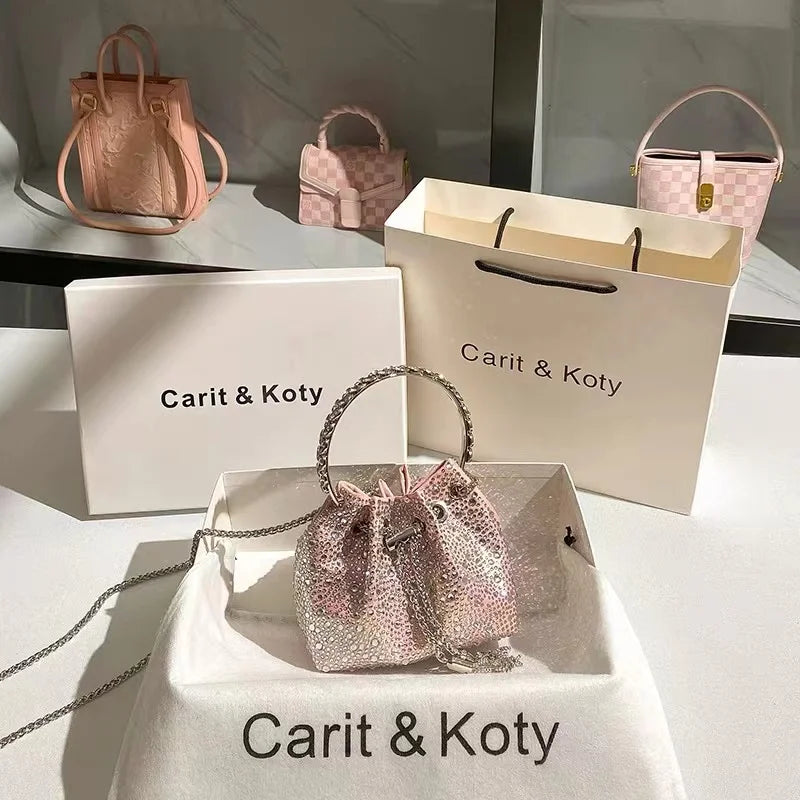 Glitter Shiny Diamonds Evening Bag Metal Ring Handle Bucket Bag Women Handbag Wedding Party Clutch Purse Shoulder Crossbody Bag - Youks store