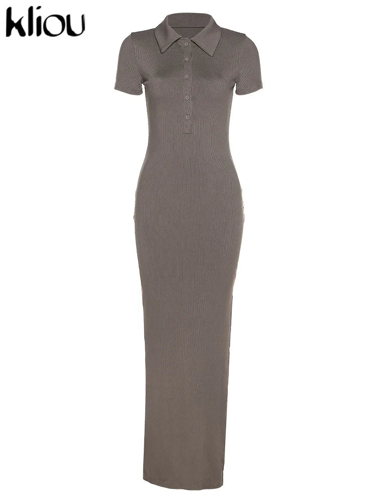 Kliou Elegant Office Lady Maxi Dress Women Solid Fashion Turn-down Collar Short Sleeve Button Side Slit Body-Shaping Street Robe - Youks store