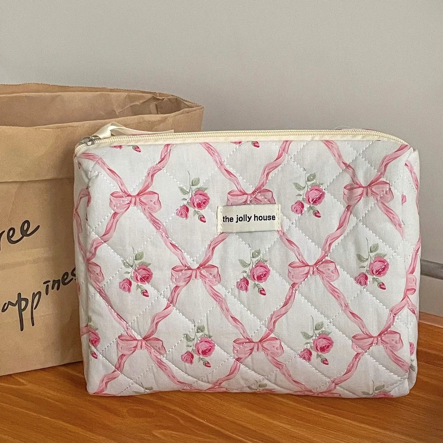 Cute Bow Flower Quilting Cotton Makeup Bag Women Zipper Cosmetic Organizer Female Cloth Handbag Portable Toiletry Case for Girls - Youks store