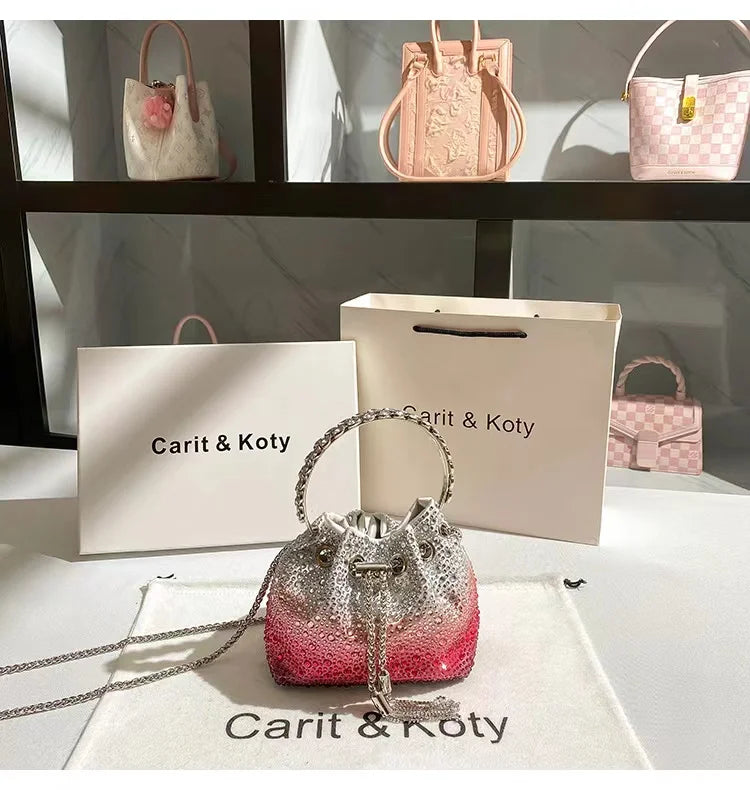 Glitter Shiny Diamonds Evening Bag Metal Ring Handle Bucket Bag Women Handbag Wedding Party Clutch Purse Shoulder Crossbody Bag - Youks store