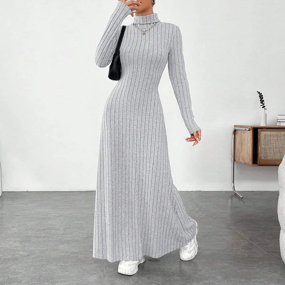 Women Elegant Bodycon Knit Dress Autumn Winter Hooded Turtleneck Temperament Slim Long Sleeve Solid Ribbed Long Dress Streetwear - Youks store
