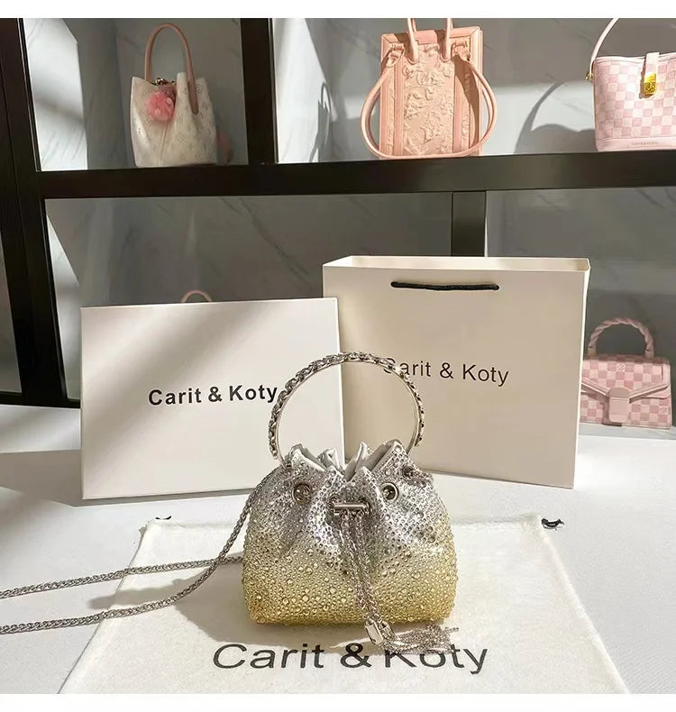 Glitter Shiny Diamonds Evening Bag Metal Ring Handle Bucket Bag Women Handbag Wedding Party Clutch Purse Shoulder Crossbody Bag - Youks store