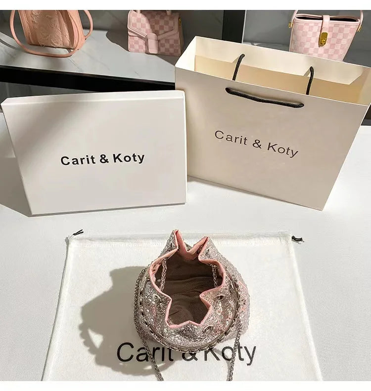 Glitter Shiny Diamonds Evening Bag Metal Ring Handle Bucket Bag Women Handbag Wedding Party Clutch Purse Shoulder Crossbody Bag - Youks store