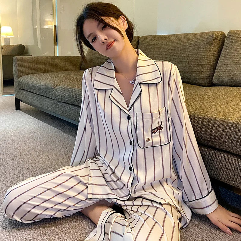 Fashion Print Flower Pajamas Set Sprig Autumn Women Sleepwear Lounge Wear Long Sleeve Trouser Pijamas Suit Loose Satin Homewear - Youks store
