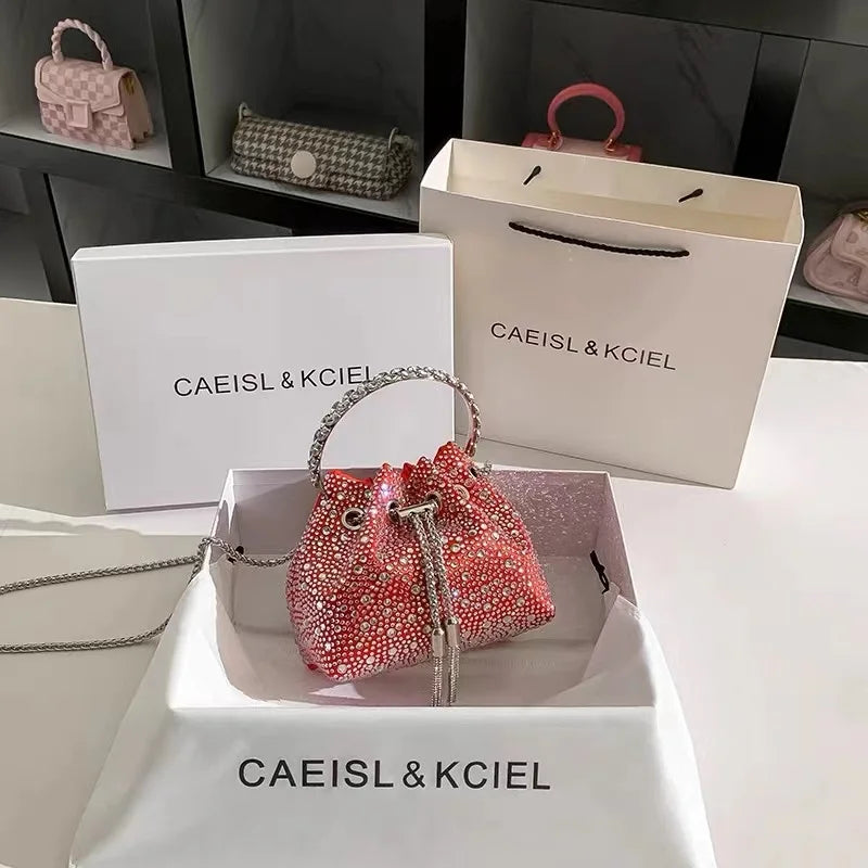 Glitter Shiny Diamonds Evening Bag Metal Ring Handle Bucket Bag Women Handbag Wedding Party Clutch Purse Shoulder Crossbody Bag - Youks store
