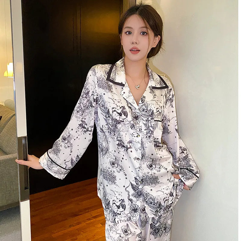 Fashion Print Flower Pajamas Set Sprig Autumn Women Sleepwear Lounge Wear Long Sleeve Trouser Pijamas Suit Loose Satin Homewear - Youks store