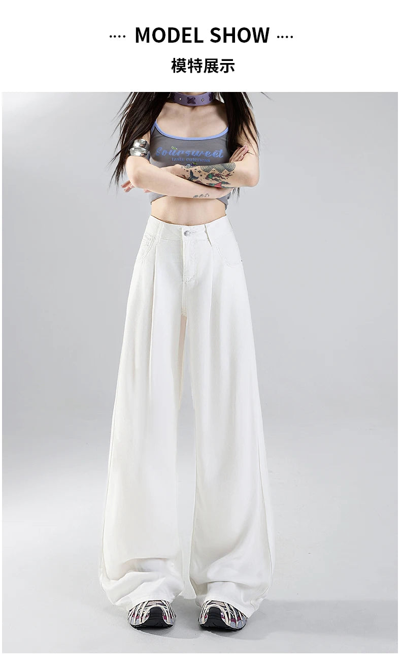 Summer Soft Cozy 100%Lyocell Fabric Woman Jeans Y2K Girl Loose Wide Leg Elastic Waist Pants Fashion Casual Trousers Plus Length - Youks store