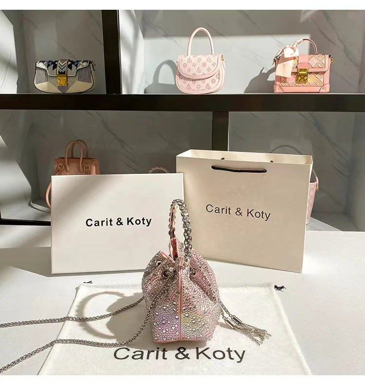 Glitter Shiny Diamonds Evening Bag Metal Ring Handle Bucket Bag Women Handbag Wedding Party Clutch Purse Shoulder Crossbody Bag - Youks store
