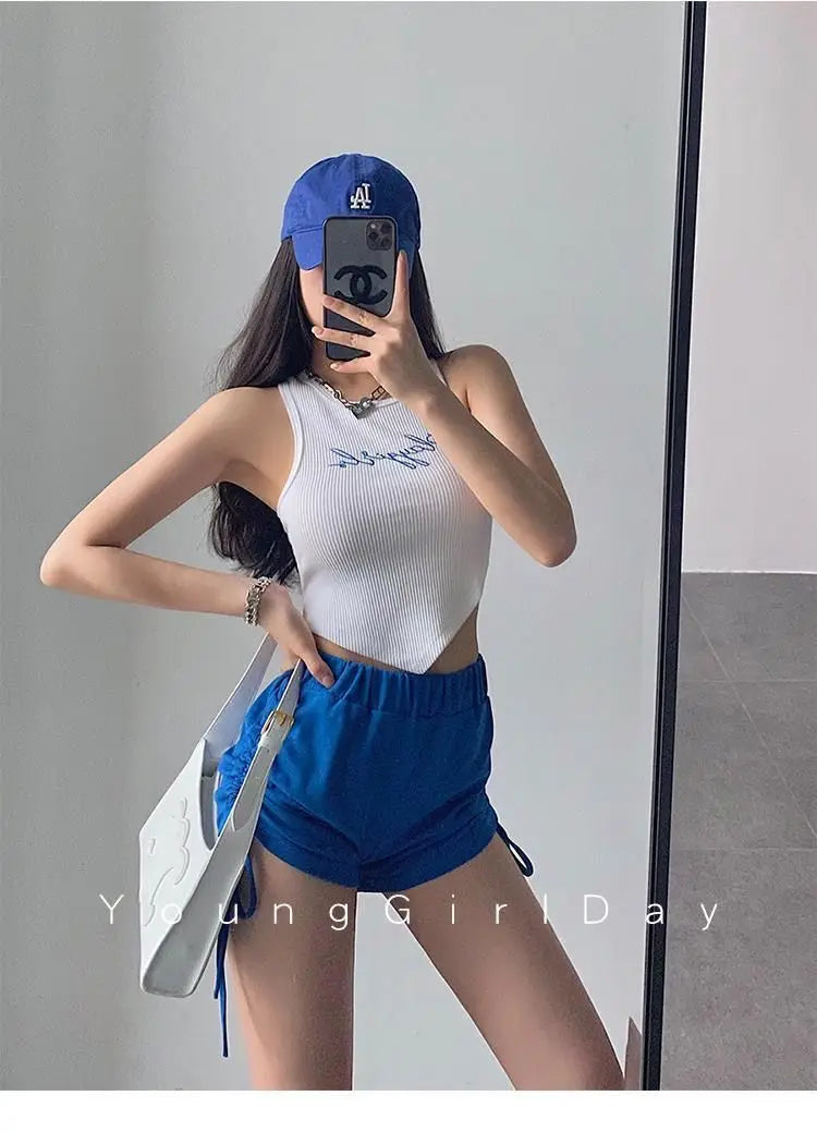 HELIAR Women Green Tops Y2K Letters Printed Crop Top O-neck Solid Ribbed Knit Irregular Hem Casual Tank Tops Women Summer 2024 - Youks store