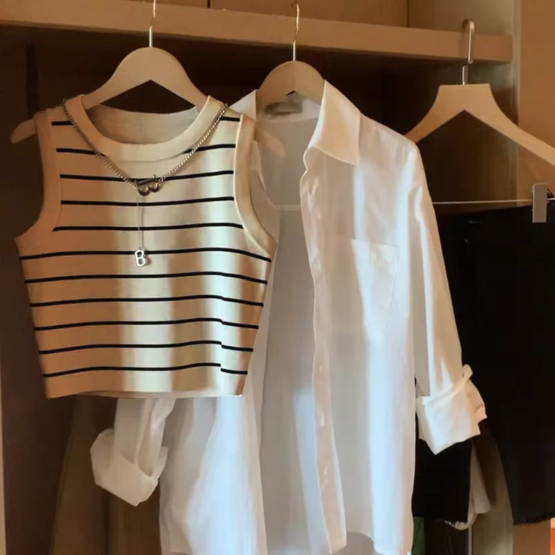 New 2025 Basic Bottoming Striped Chain Elasticity Vests Women Tank & Camis Spring Autumn  Wild Crop Short Top - Youks store