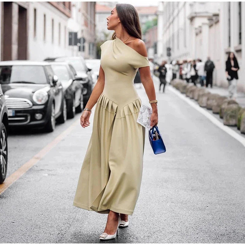 Elegant Off-shoulder Pleated Long Dress Women Skew-collar Short Sleeve Split Dresses 2024 Summer New Female Chic Streetwear Robe - Youks store