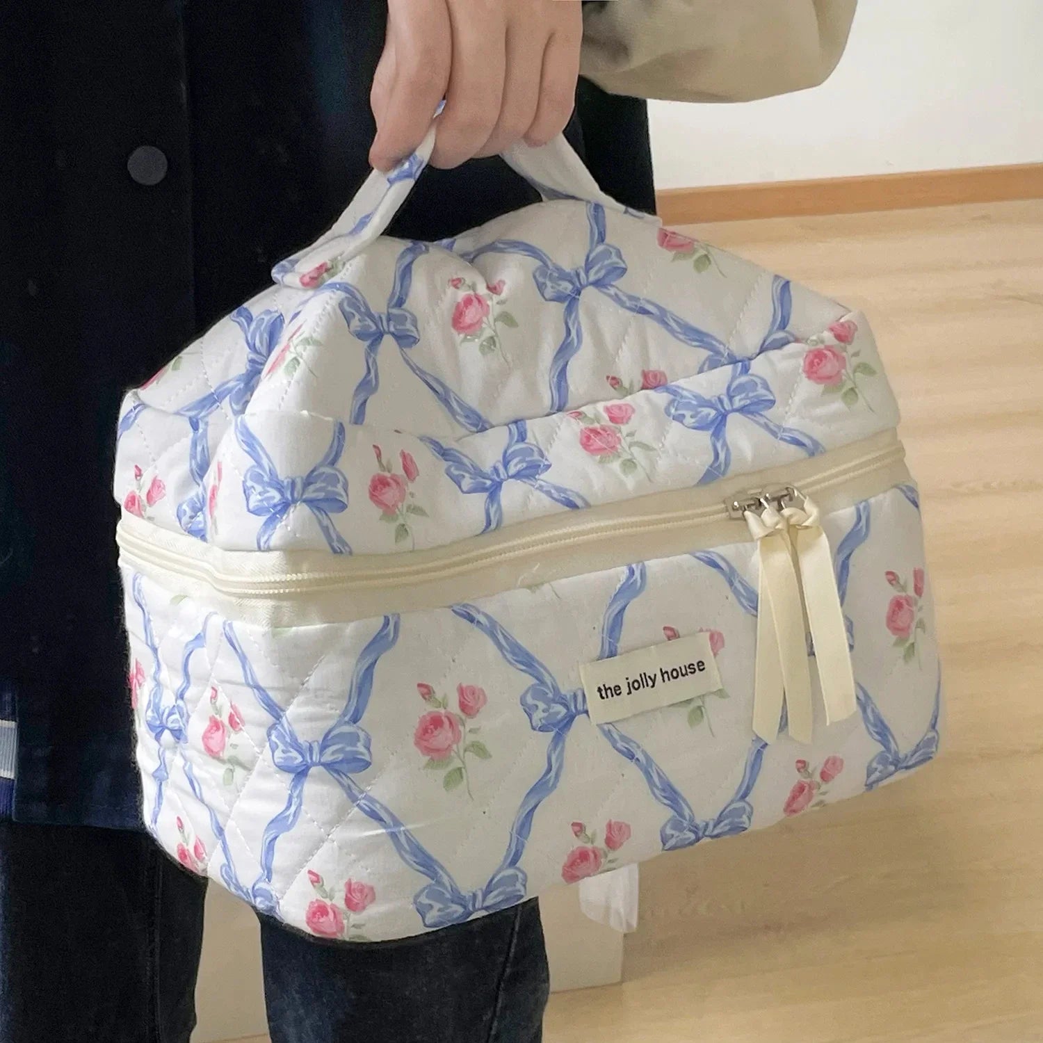 Cute Bow Flower Quilting Cotton Makeup Bag Women Zipper Cosmetic Organizer Female Cloth Handbag Portable Toiletry Case for Girls - Youks store