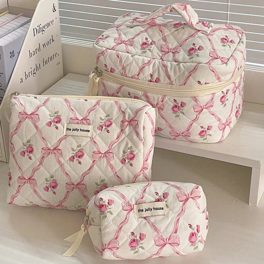 Cute Bow Flower Quilting Cotton Makeup Bag Women Zipper Cosmetic Organizer Female Cloth Handbag Portable Toiletry Case for Girls - Youks store