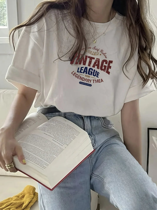 Vintage League Letter Print Womens T-Shirts Summer Fashion  Tops Comfortable O-Neck Short Sleeve Soft Oversize Clothes - Youks store