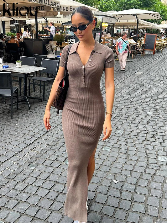 Kliou Elegant Office Lady Maxi Dress Women Solid Fashion Turn-down Collar Short Sleeve Button Side Slit Body-Shaping Street Robe - Youks store