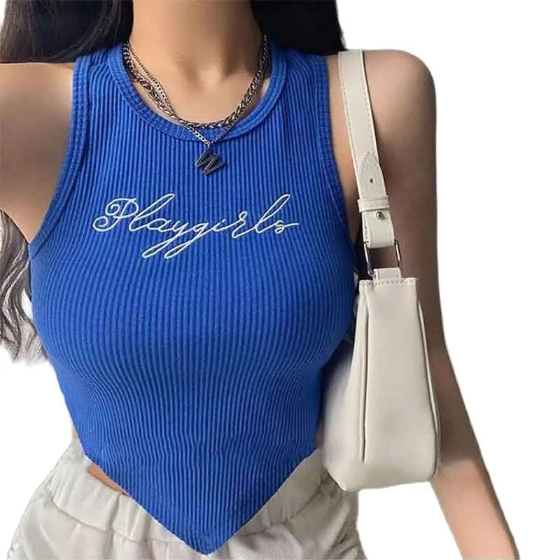 HELIAR Women Green Tops Y2K Letters Printed Crop Top O-neck Solid Ribbed Knit Irregular Hem Casual Tank Tops Women Summer 2024 - Youks store