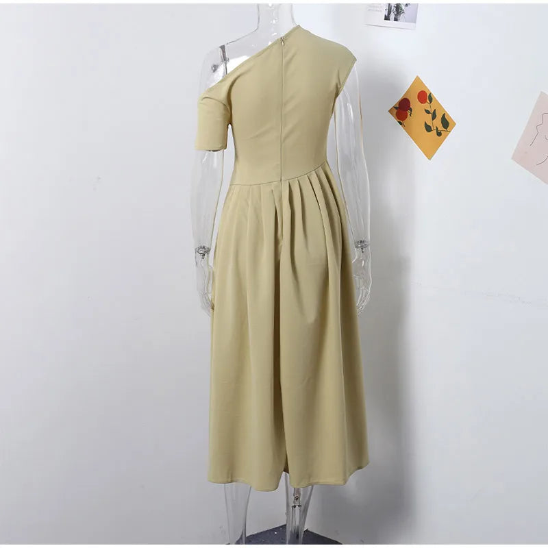 Elegant Off-shoulder Pleated Long Dress Women Skew-collar Short Sleeve Split Dresses 2024 Summer New Female Chic Streetwear Robe - Youks store