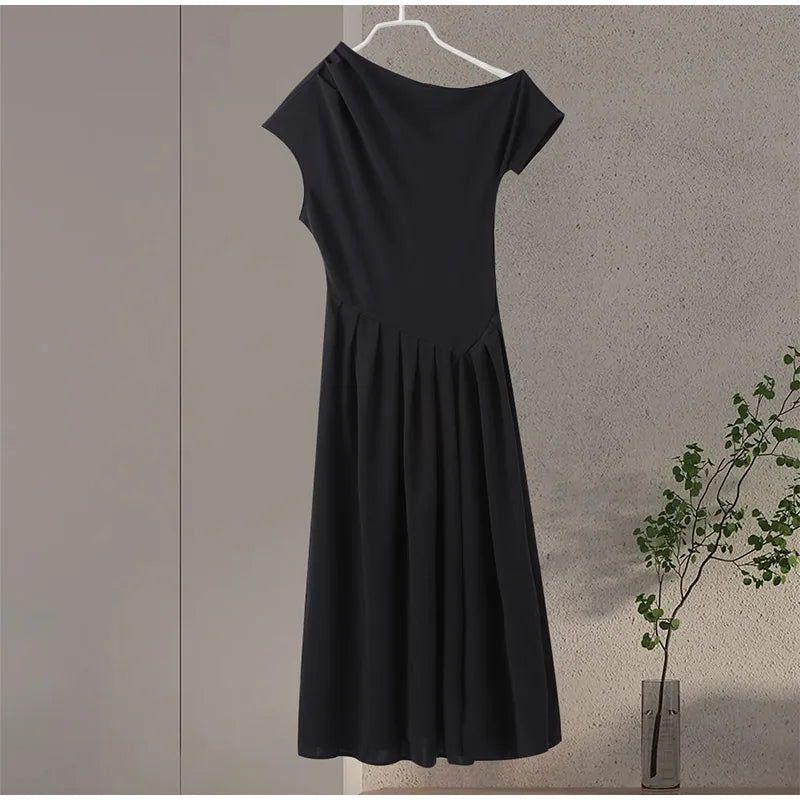 Elegant Off-shoulder Pleated Long Dress Women Skew-collar Short Sleeve Split Dresses 2024 Summer New Female Chic Streetwear Robe - Youks store